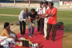 Chief selector performs puja on pitch before Ind vs WI match
