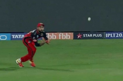 Virat Kohli takes a flying catch to dismiss Dinesh Karthik.