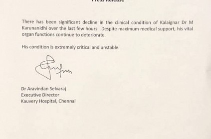 Official press release about Karunanidhi Health from Kauvery Hospital